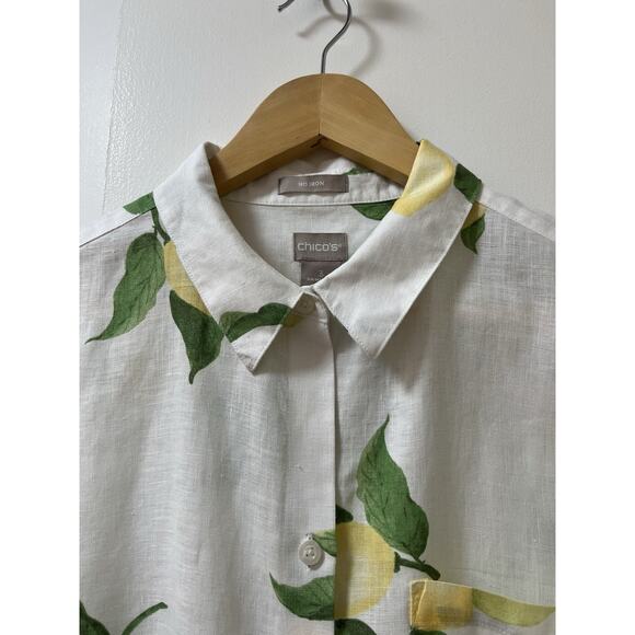 Chicos Womens 100% Linen 3/4 Sleeve Lemon Button Top Size XL White Beach Coastal - Picture 4 of 7